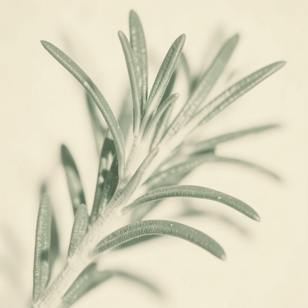 A close-up of a sprig of rosemary rendered as a hard two-tone duotone in soft sage and warm cream, with a gentle, botanical mood.