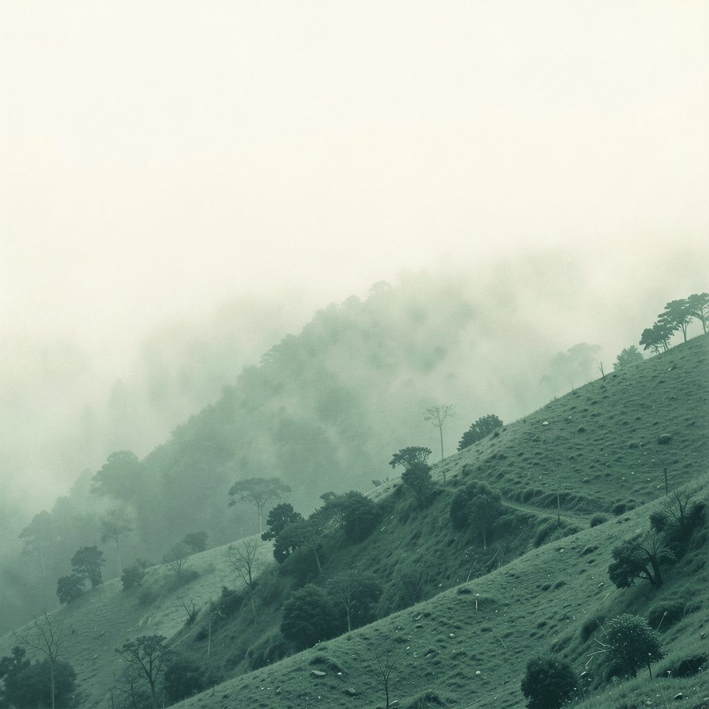 A misty hillside rendered as a hard two-tone duotone in muted sage green and pale cream, conveying a quiet, organic mood.